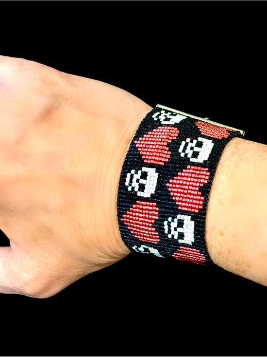 Hand Crafted Jewelry - Hand crafted loom beaded skull & heart bracelet for Halloween - adjustable size